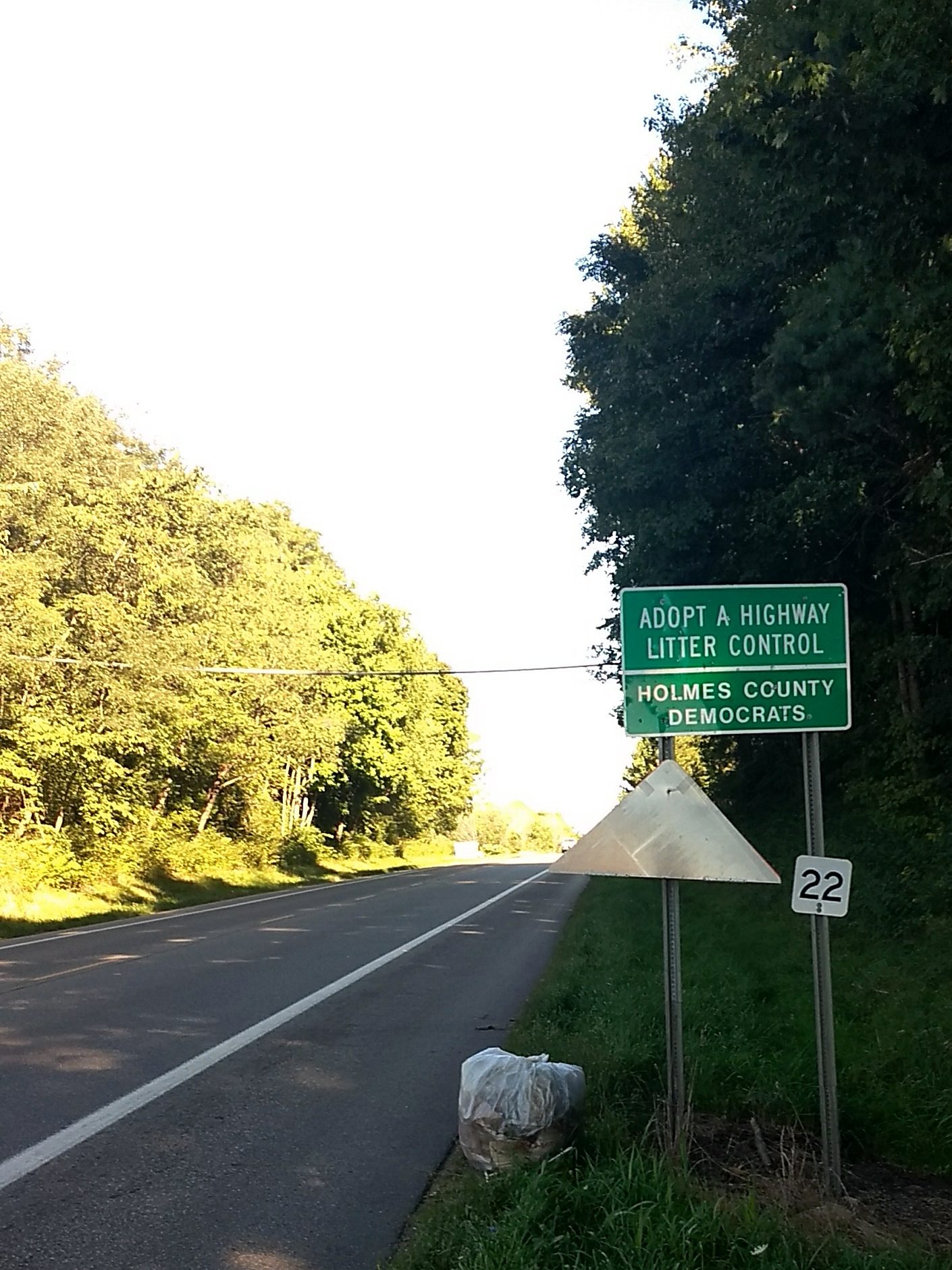 A roadside scene featuring a green sign indicating 'Adopt a Highway Litter Control' by Holmes County Democrats, with a white trash bag on the side of the road and a grassy area.